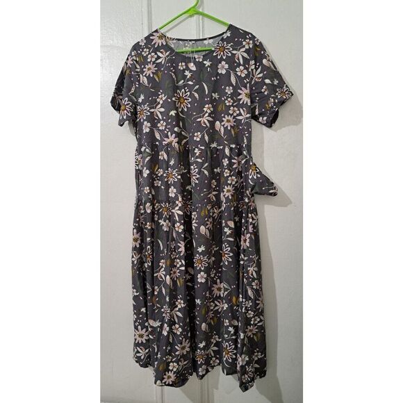 Womens XL  tiered Prairie Ditsy Floral Gray dress Pockets Boho Peasant Coastal - Picture 2 of 8